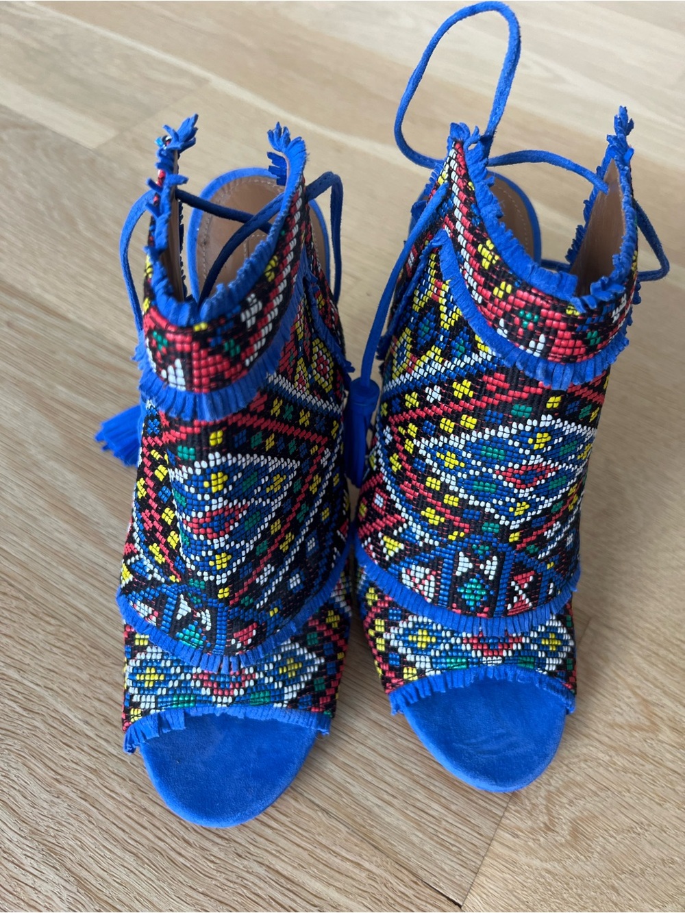 Aquazzura Blue Multicolor Beaded Lace-Up Heels